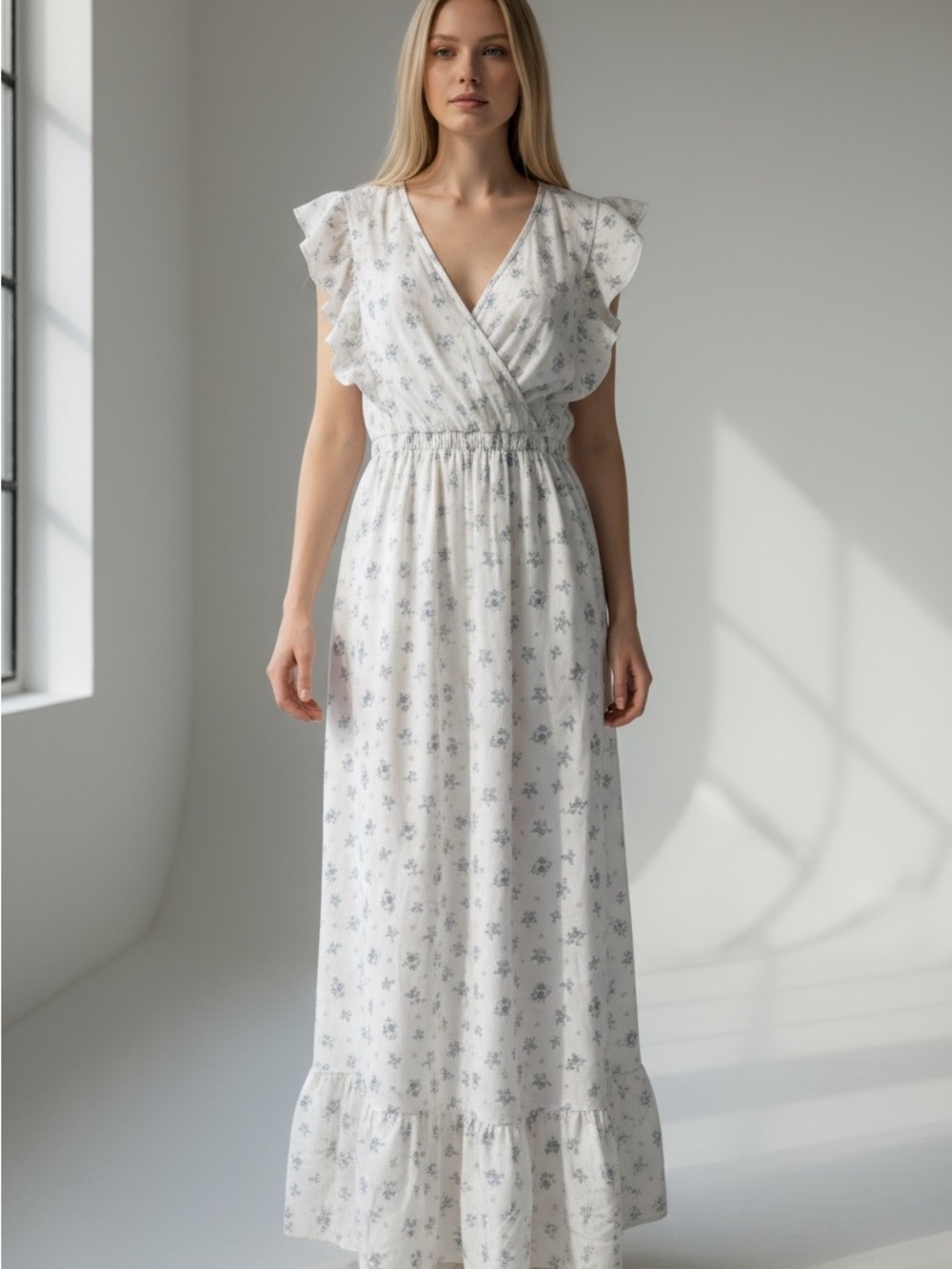 Women's White Floral Maxi Dress with Ruffle Sleeves and Elastic Waist